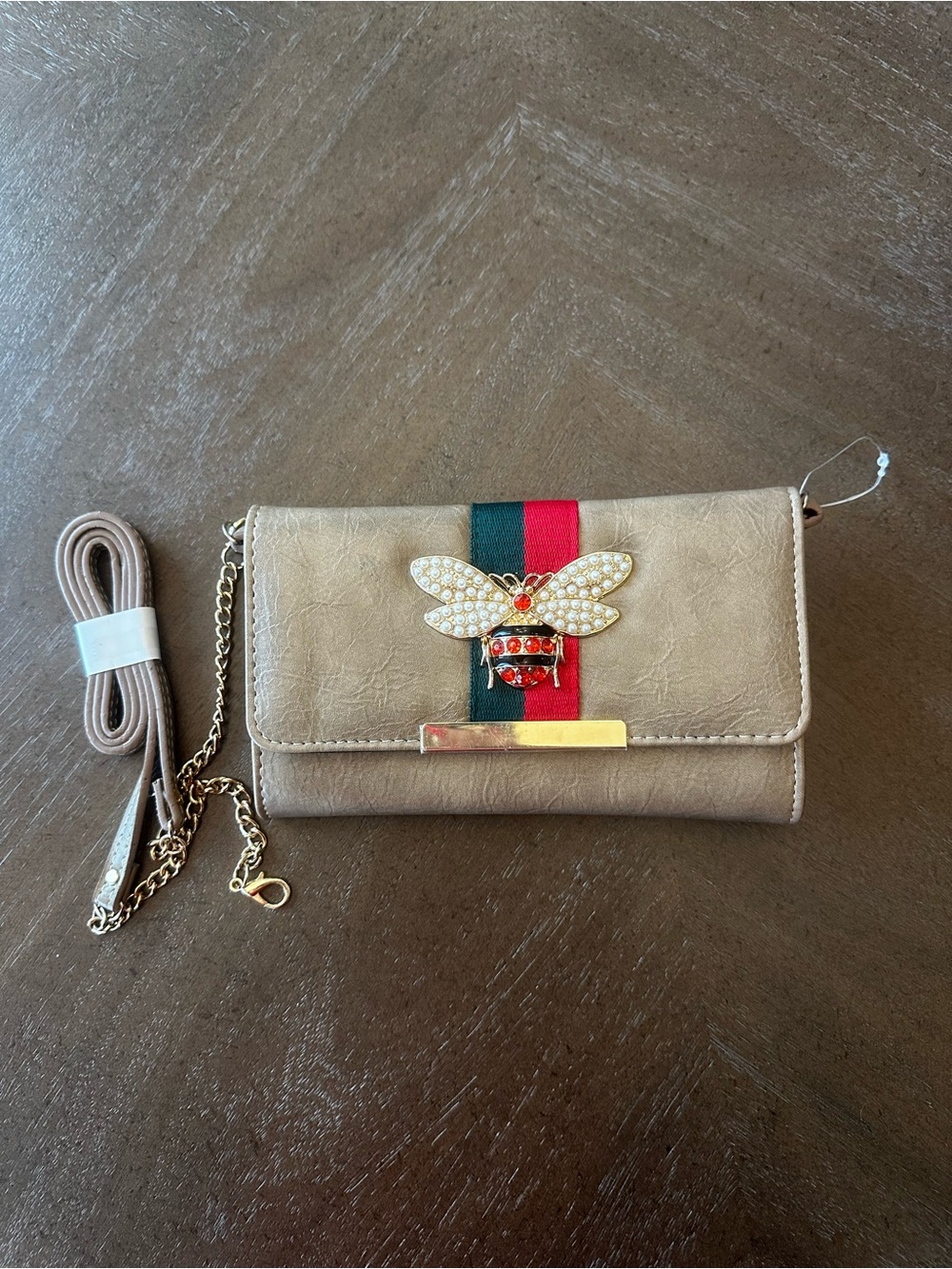 Alba Beige Crossbody Bag with Red and Green Stripe and Bee Accent